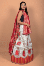 Cream & Red Shimmer Lehenga with Ganesha Embroidery and Banarasi Zari Dupatta - Image 3