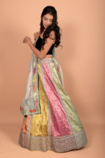 Multi Colour Lehenga with Pista Green Zardozi Embroidery Blouse & Kora Tissue Dupatta