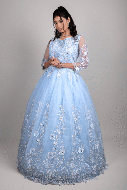 Light Blue Net Wedding Gown with Floral Bead & Sequin Embroidery