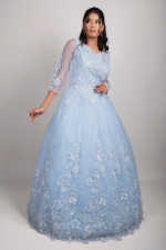 Light Blue Net Wedding Gown with Floral Bead & Sequin Embroidery - Image 2