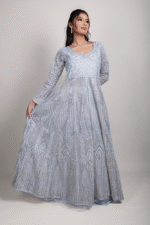 Grey Organza Shimmer Crop Top and Satin Skirt Set with Pearl, Diamond & Sequin Embroidery