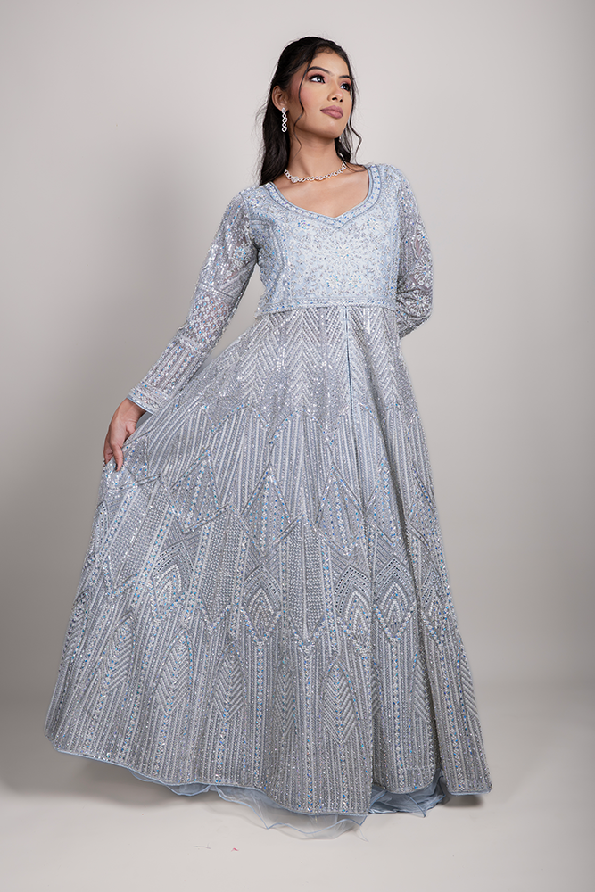 PSHI3932.png Grey Organza Shimmer Crop Top and Satin Skirt Set with Pearl, Diamond & Sequin Embroidery - Image 1