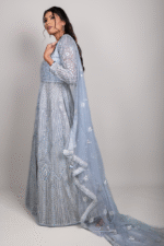 Grey Organza Shimmer Crop Top and Satin Skirt Set with Pearl, Diamond & Sequin Embroidery - Image 2