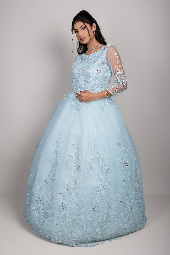 PSHI3948 Seafoam Green Net Wedding Gown with Floral Bead & Sequin Embroidery - Image 1