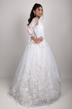 Greyish White Net Festive Gown with Floral Embroidery, Diamond & Sequin Work - Image 2