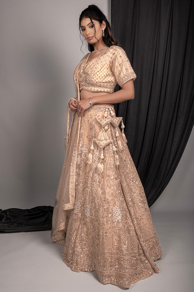 PSHI4005 Golden Net Lehenga with Cut Dana, Sequin & Bead Embroidery, Blouse and Dupatta - Image 1