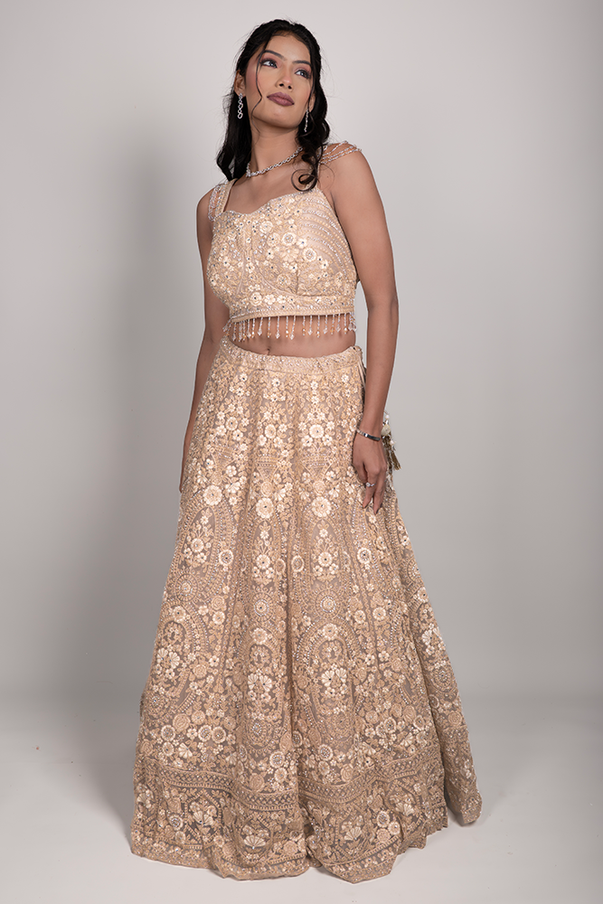 PSHI4024.png Golden Light Brown Net Crop Top with Stone, Sequin & Thread Embroidery, Blouse and Dupatta - Image 1