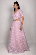 Dusty Pink Net Crop Top with Silver Sequin, Mirror & Pink Thread Embroidery - Image 3