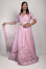 Dusty Pink Net Crop Top with Silver Sequin, Mirror & Pink Thread Embroidery - Image 2