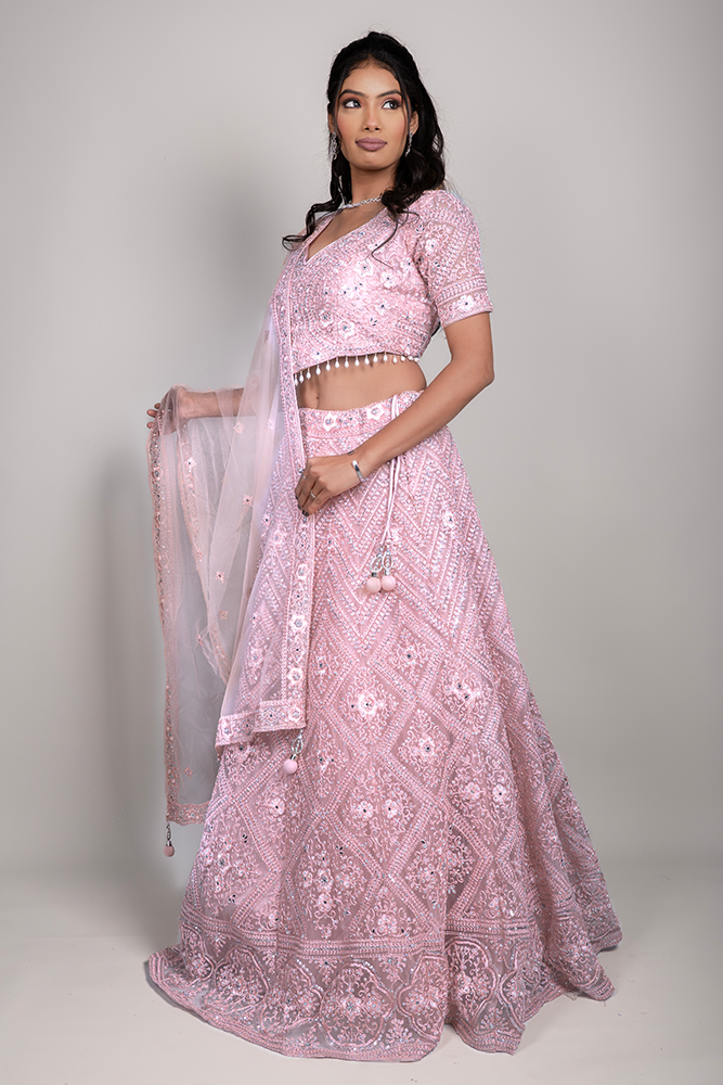 PSHI4046- Dusty Pink Net Crop Top with Silver Sequin, Mirror & Pink Thread Embroidery - Image 1