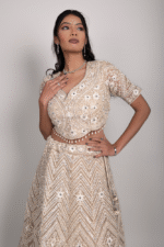 Golden Cream Net Crop Top Set with Mirror Work and Dupatta - Image 2