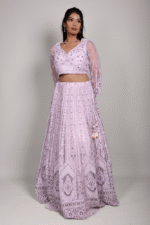 Lavender Shimmer Net Crop Top Set with Floral Embroidery and Diamond Thread Work