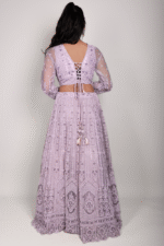 Lavender Shimmer Net Crop Top Set with Floral Embroidery and Diamond Thread Work - Image 3