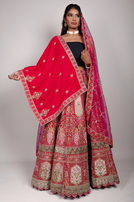 Rani Pink Bridal Velvet Lehenga with Zardozi and Diamond Work Embroidery