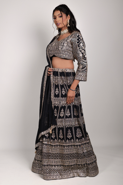 Black Georgette Crop Top with Golden Zari, Sequins & Dori Embroidery
