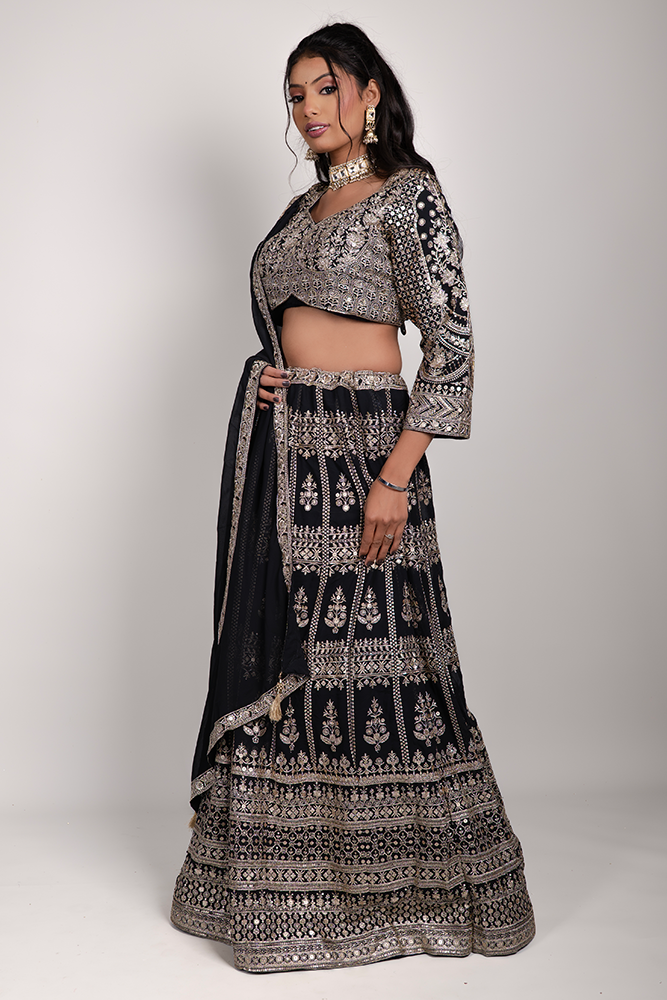 PSHI4202.png Black Georgette Crop Top with Golden Zari, Sequins & Dori Embroidery - Image 1