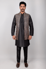 Black Silk Kurta Pajama with Gold and White Thread Geometric Embroidery - Image 3