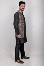 Black Silk Kurta Pajama with Gold and White Thread Geometric Embroidery - Image 2