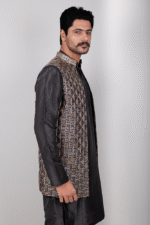 Black Silk Kurta Pajama with Gold and White Thread Geometric Embroidery