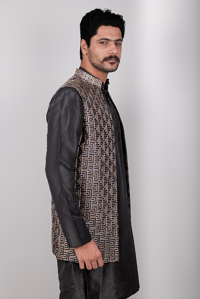 PSHI5924 Black Silk Kurta Pajama with Gold and White Thread Geometric Embroidery - Image 1