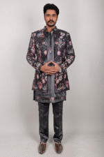 Black Velvet Indo-Western Set with Multicolor Floral Embroidery and Sequin Work - Image 2