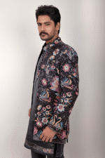 Black Velvet Indo-Western Set with Multicolor Floral Embroidery and Sequin Work