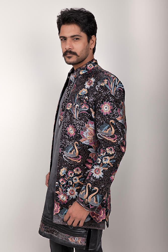 PSHI5939 Black Velvet Indo-Western Set with Multicolor Floral Embroidery and Sequin Work - Image 1