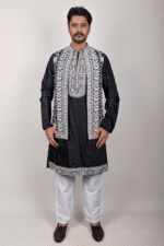 Black Twill Chikankari Embroidered Kurta-Pajama Set with Floral Embroidered Jacket - Image 3
