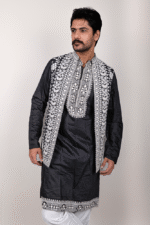Black Twill Chikankari Embroidered Kurta-Pajama Set with Floral Embroidered Jacket