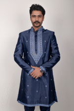 Dark Blue Silk Indo-Western Set with Golden Thread Embroidery - Image 3