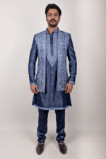 Dark Blue Silk Indo-Western Set with Golden Thread Embroidery
