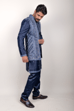 Dark Blue Silk Indo-Western Set with Golden Thread Embroidery - Image 2