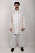 White Greige Indo-Western Set with Golden and Olive Green Thread Work - Image 3