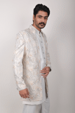 White Greige Indo-Western Set with Golden and Olive Green Thread Work - Image 2