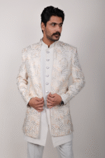 White Greige Indo-Western Set with Golden and Olive Green Thread Work