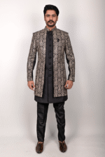 Black Tweed Indo-Western Set with Heavy Gold and Silver Embroidery - Image 3