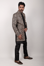 Black Tweed Indo-Western Set with Heavy Gold and Silver Embroidery - Image 2