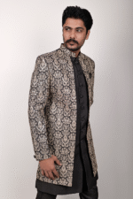 Black Tweed Indo-Western Set with Heavy Gold and Silver Embroidery