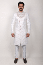 White Woven Jacquard Sherwani with Diamond, Pearl & Zardozi Embroidery - Image 3