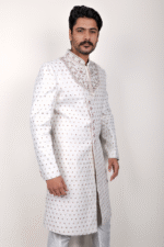 White Woven Jacquard Sherwani with Diamond, Pearl & Zardozi Embroidery