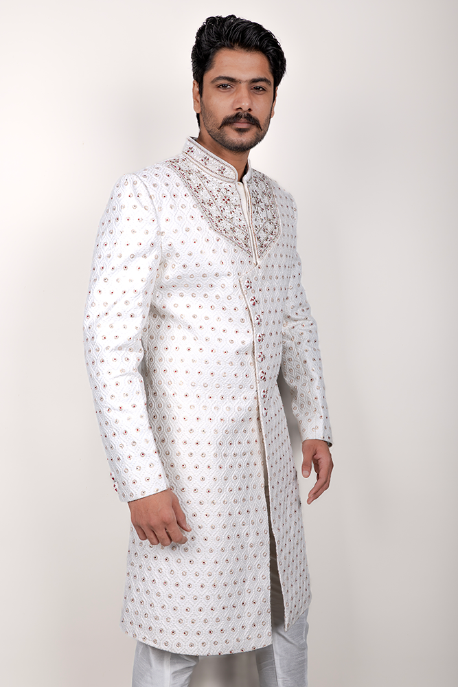 PSHI6040 White Woven Jacquard Sherwani with Diamond, Pearl & Zardozi Embroidery - Image 1