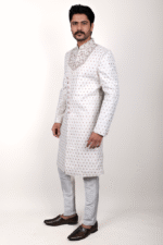 White Woven Jacquard Sherwani with Diamond, Pearl & Zardozi Embroidery - Image 2