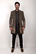 Black Jacquard & Velvet Indo Western with Multithread and Sequin Embroidery - Image 2