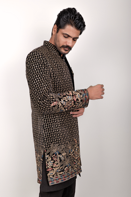 Black Jacquard & Velvet Indo Western with Multithread and Sequin Embroidery