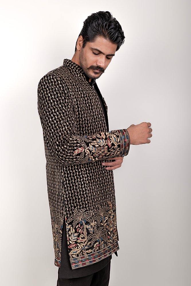PSHI6056 Black Jacquard & Velvet Indo Western with Multithread and Sequin Embroidery - Image 1