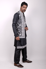 Black Twill Chikankari Embroidered Kurta-Pajama Set with Floral Embroidered Jacket - Image 3
