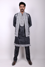Black Twill Chikankari Embroidered Kurta-Pajama Set with Floral Embroidered Jacket - Image 2