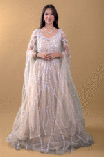 Ivory Linen Wedding Gown with Silver Thread, Sequin & Mirror Embroidery