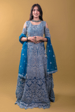 Peacock Blue Colour Net Crop Top with Diamond, Stones & Silver Thread Embroidery - Image 2