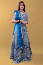 Peacock Blue Colour Net Crop Top with Diamond, Stones & Silver Thread Embroidery